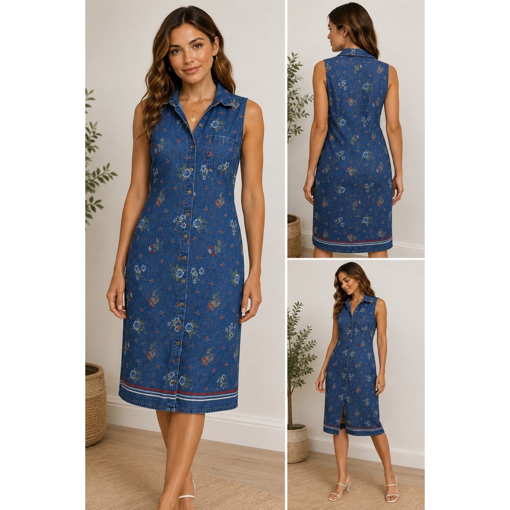 Requirements Denim Floral Button Front Midi Dress Sleeveless Linen Cotton Small